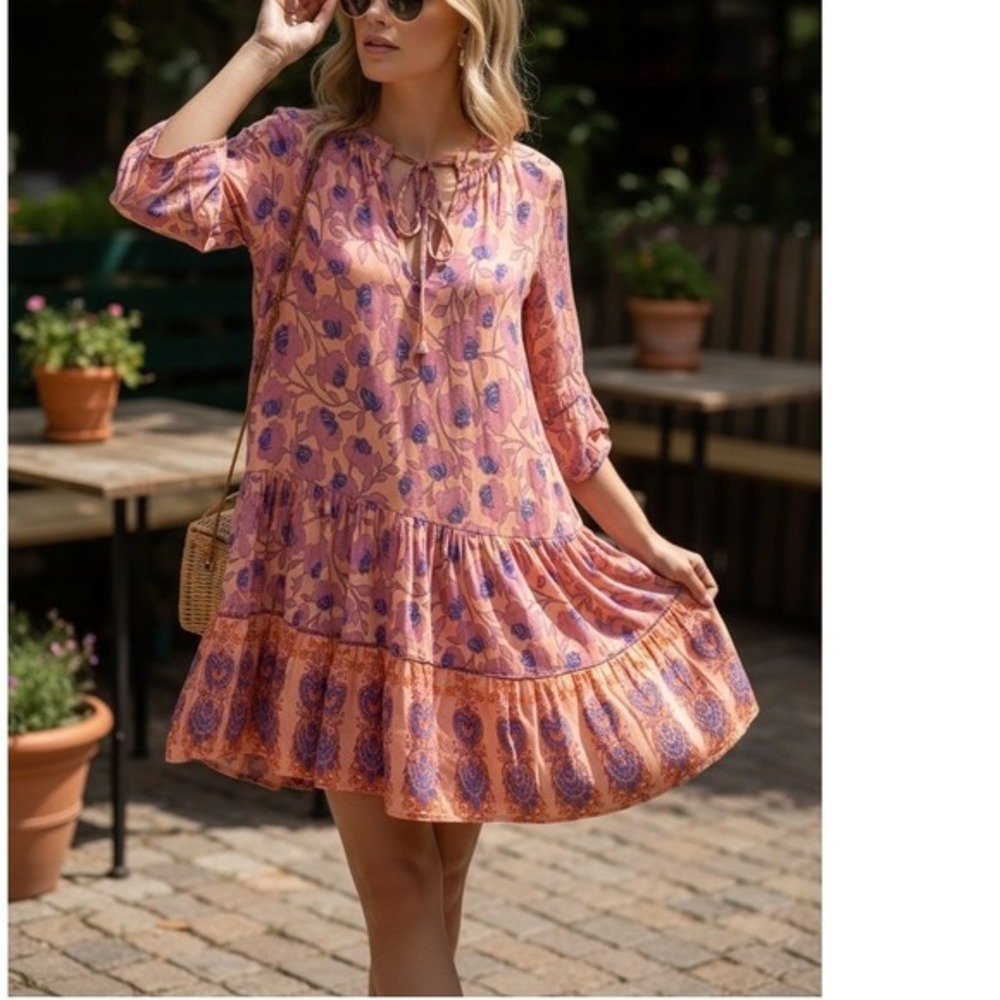 Petal + Pup Mini‎ Dress 4 Peach Floral Paisley Tiered Boho Cottagecore Pockets